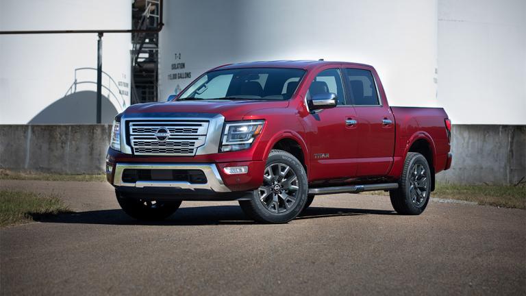 2024 Nissan Titan XD in red.